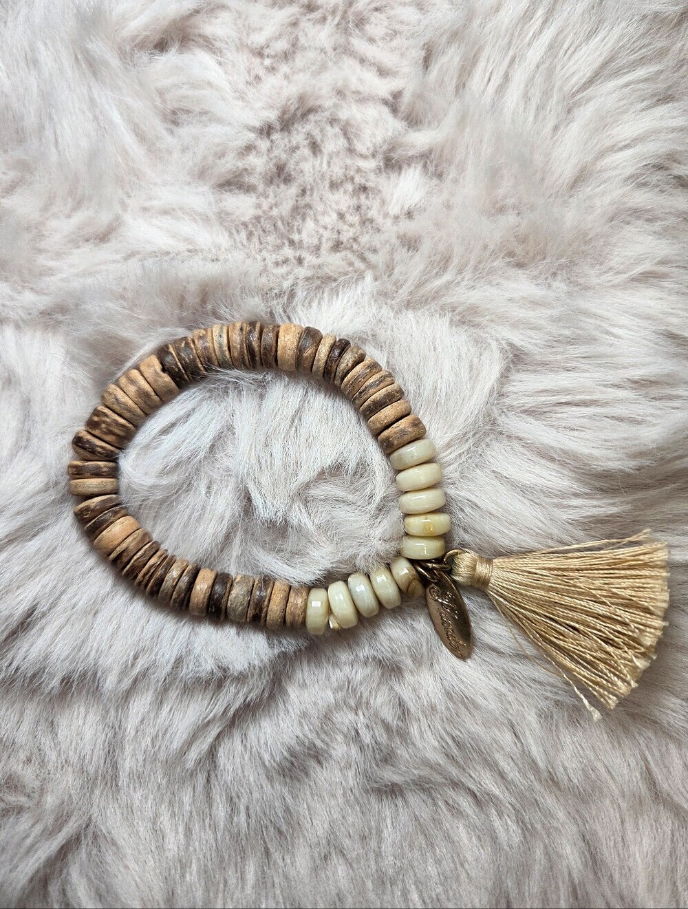 Plunder Natural Wood and Cream Boho Tassel Bracelet